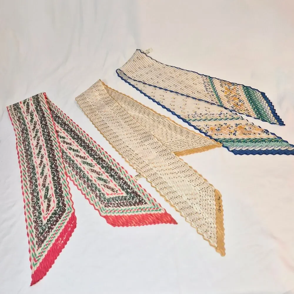Vintage Plisse Pleated Hair Scarves Lot of 3 Floral Metallic‎ Lurex Bandanas